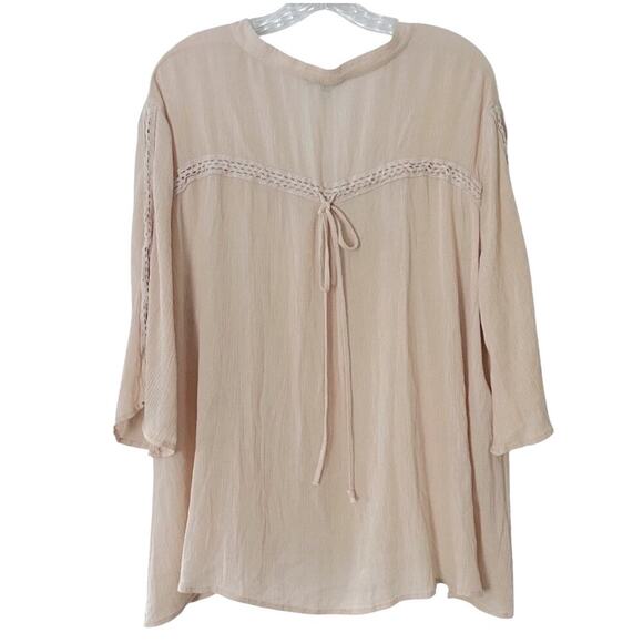 POL Button-Front Embroidered Trim Peasant Blouse Women's S Beige 3/4 Sleeve Boho - Picture 4 of 4